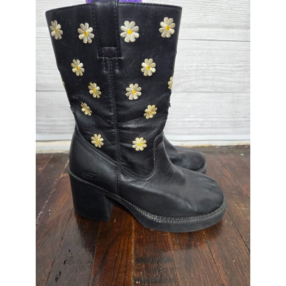 Vintage 90s Y2K Black Daisy Sketchers Grunge Mid-Calf Boots - Picture 10 of 16